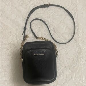 Michael Kors Black Pebbled Leather Compact Crossbody with Gold Chain